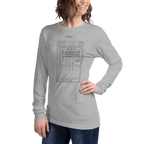 Woman wearing gray long-sleeve tee with slot machine patent diagram design, FIG. 1 print