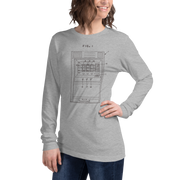Woman wearing gray long-sleeve tee with slot machine patent diagram design, FIG. 1 print