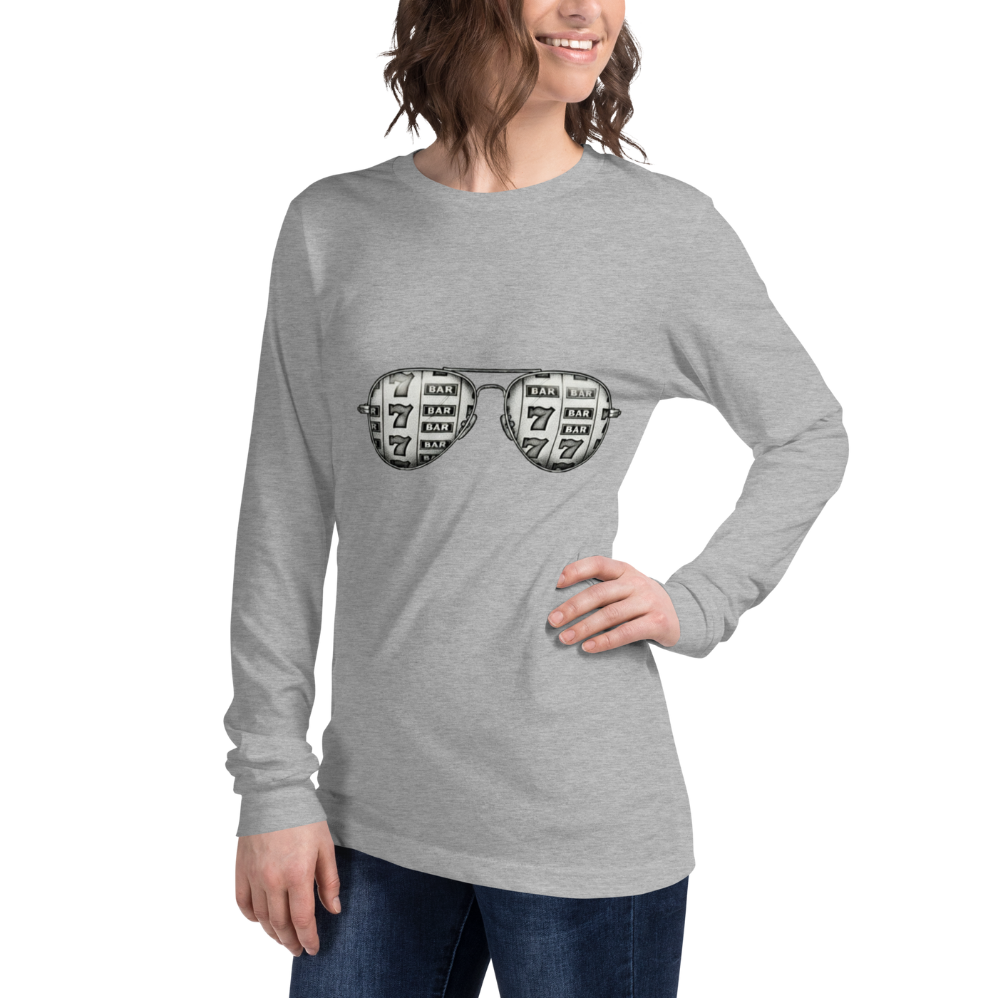 Gray long-sleeve shirt with slot machine sunglasses graphic, featuring lucky 7s and BAR symbols for casino-themed fashion.