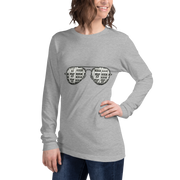 Gray long-sleeve shirt with slot machine sunglasses graphic, featuring lucky 7s and BAR symbols for casino-themed fashion.