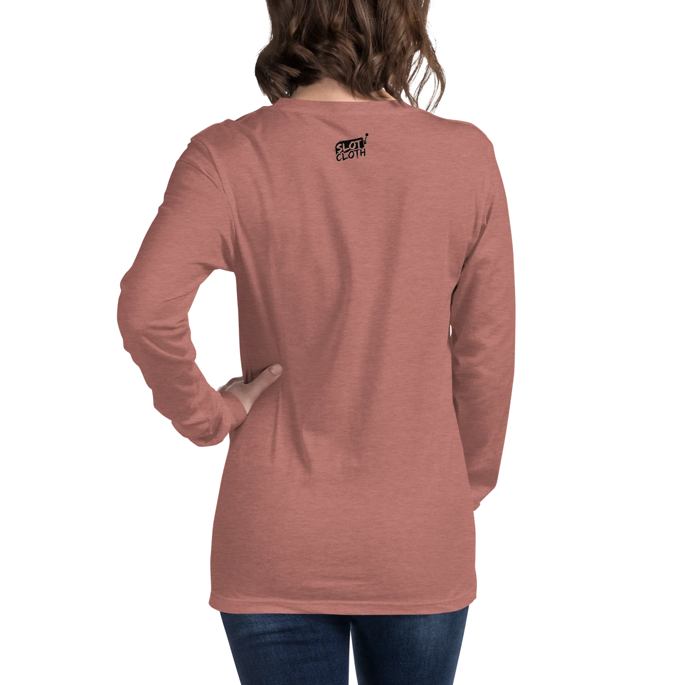 Rust-colored long-sleeve shirt with 'Slot Cloth' logo on back, worn by woman with hand on hip