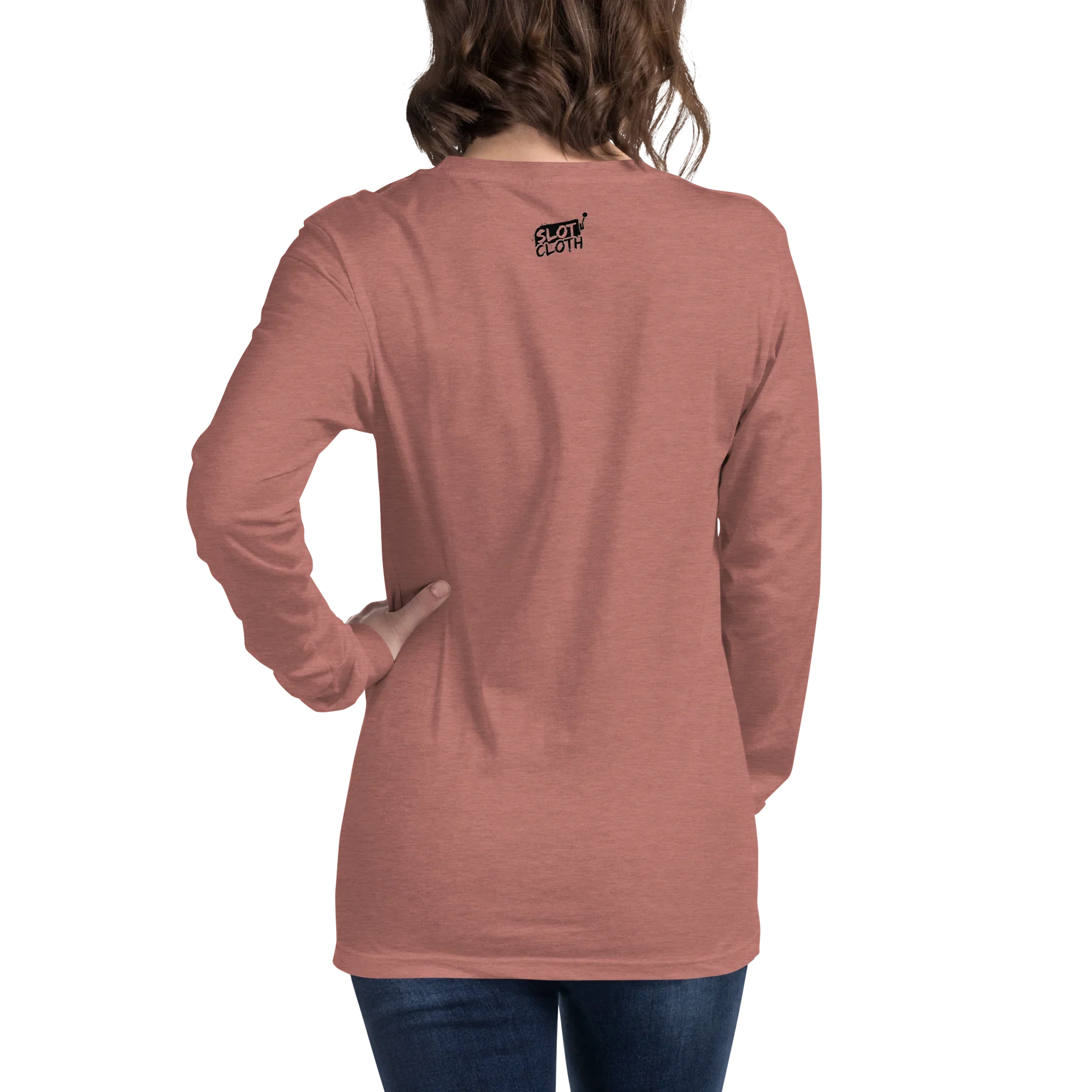 Rust-colored long-sleeve shirt with 'Slot Cloth' logo on back, worn by woman with hand on hip