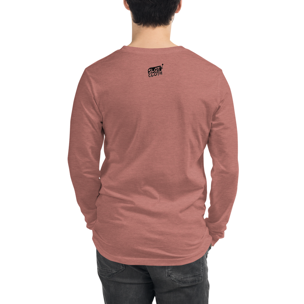 Back view of man wearing dusty rose long sleeve shirt with small Slot Cloth logo, ideal for slot enthusiasts