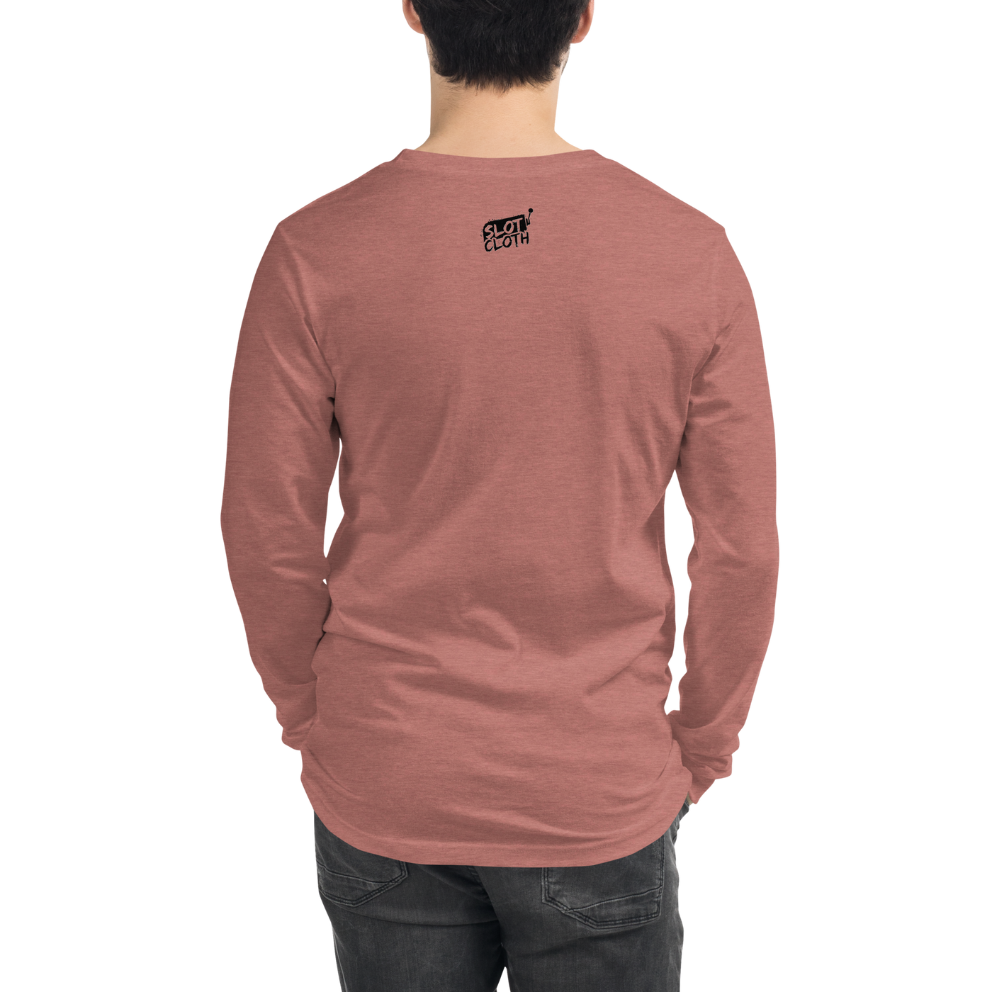 Back view of man wearing dusty rose long sleeve shirt with small Slot Cloth logo, ideal for slot enthusiasts