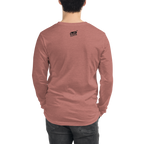 Back view of man wearing dusty rose long sleeve shirt with small Slot Cloth logo, ideal for slot enthusiasts