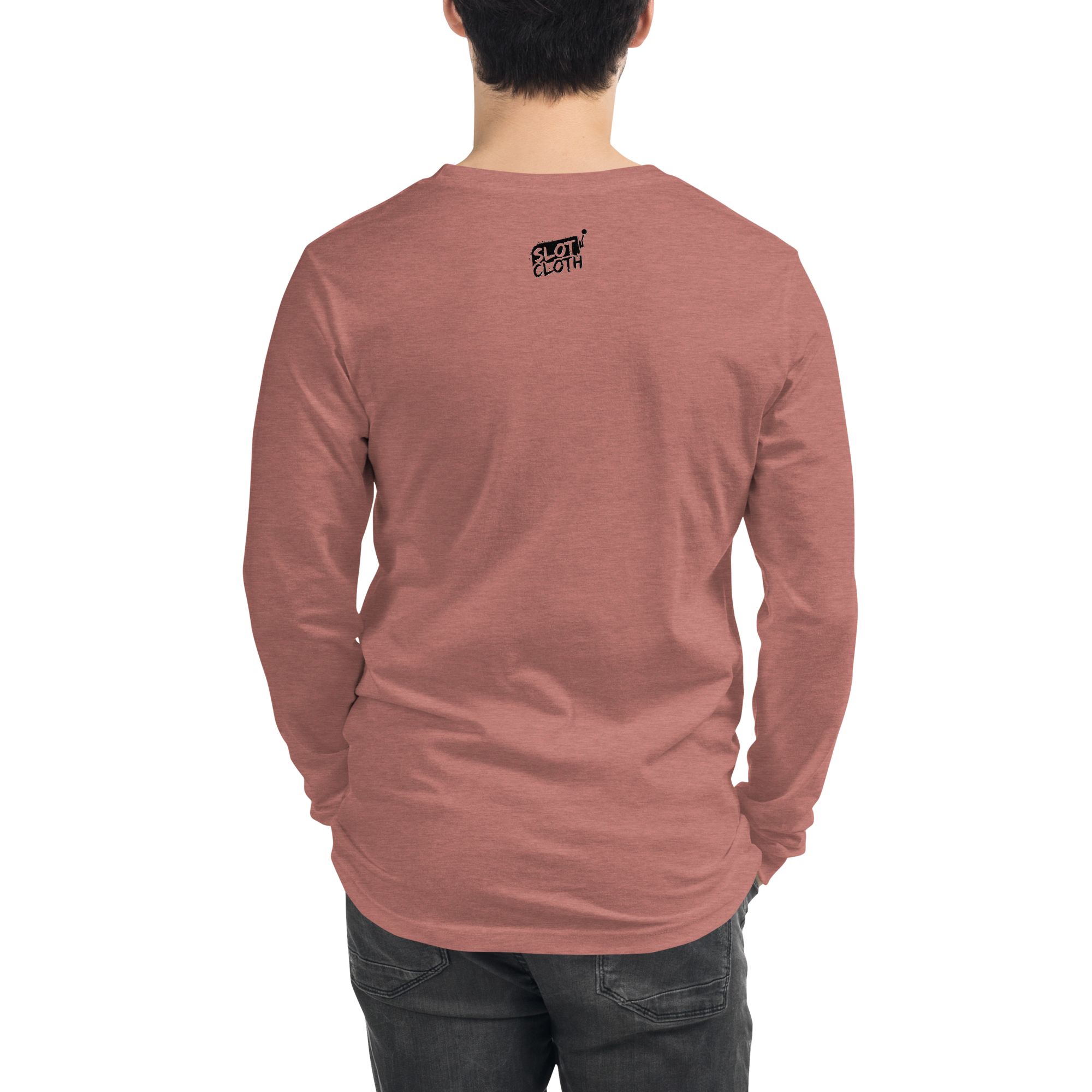 Back view of man wearing dusty rose long sleeve shirt with small Slot Cloth logo, ideal for slot enthusiasts