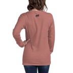 Woman wearing dusty rose long sleeve shirt with Slot Cloth logo on back, casual slot-themed apparel