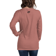 Woman wearing dusty rose long sleeve shirt with Slot Cloth logo on back, casual slot-themed apparel
