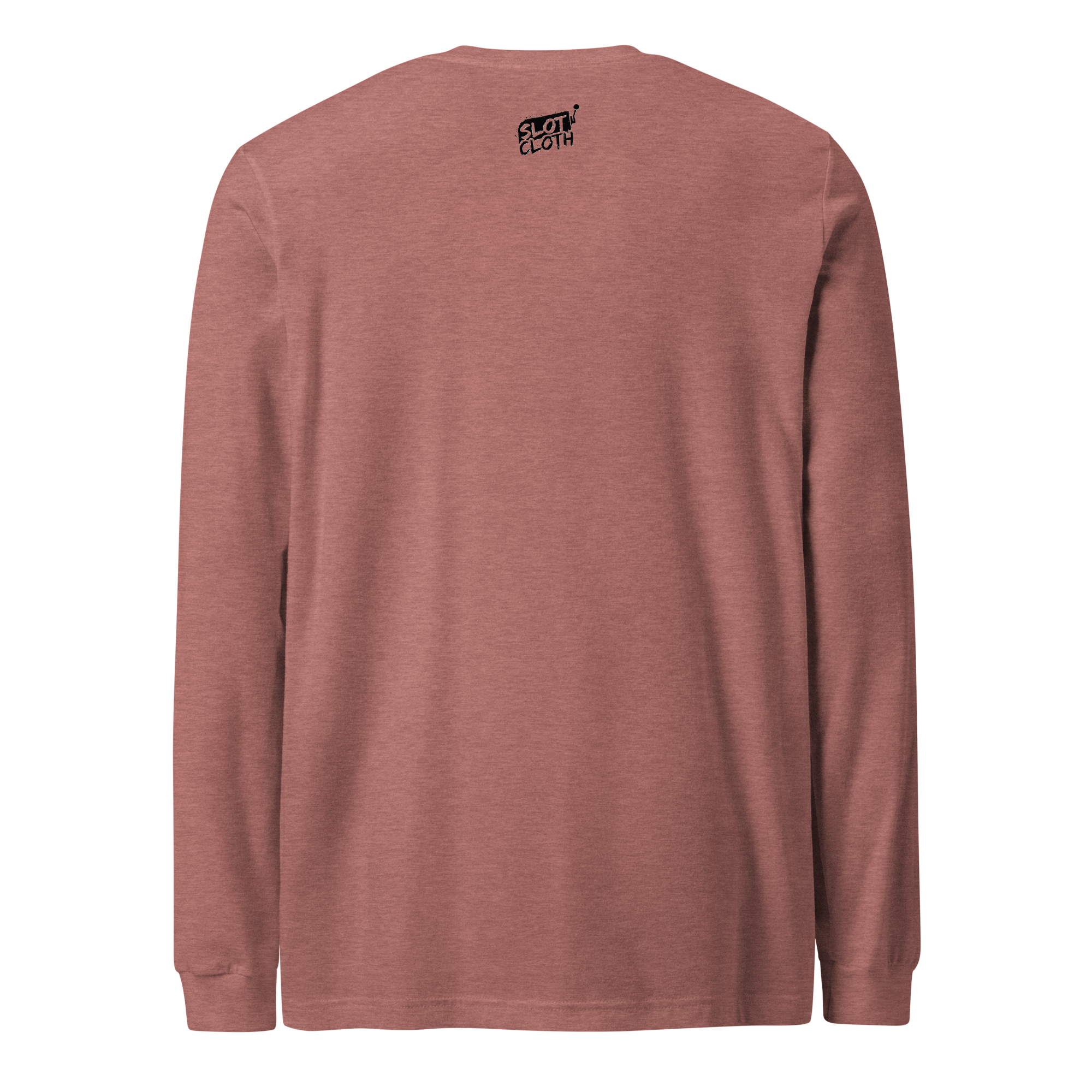 Rust-colored long sleeve tee with small Slot Cloth logo on back neck, slot-themed apparel for players