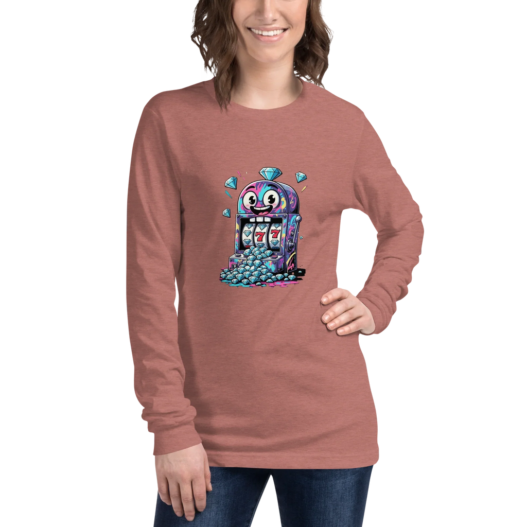 Woman wearing long sleeve shirt with quirky slot machine graphic, featuring lucky 7s and diamonds, perfect for casino fans.