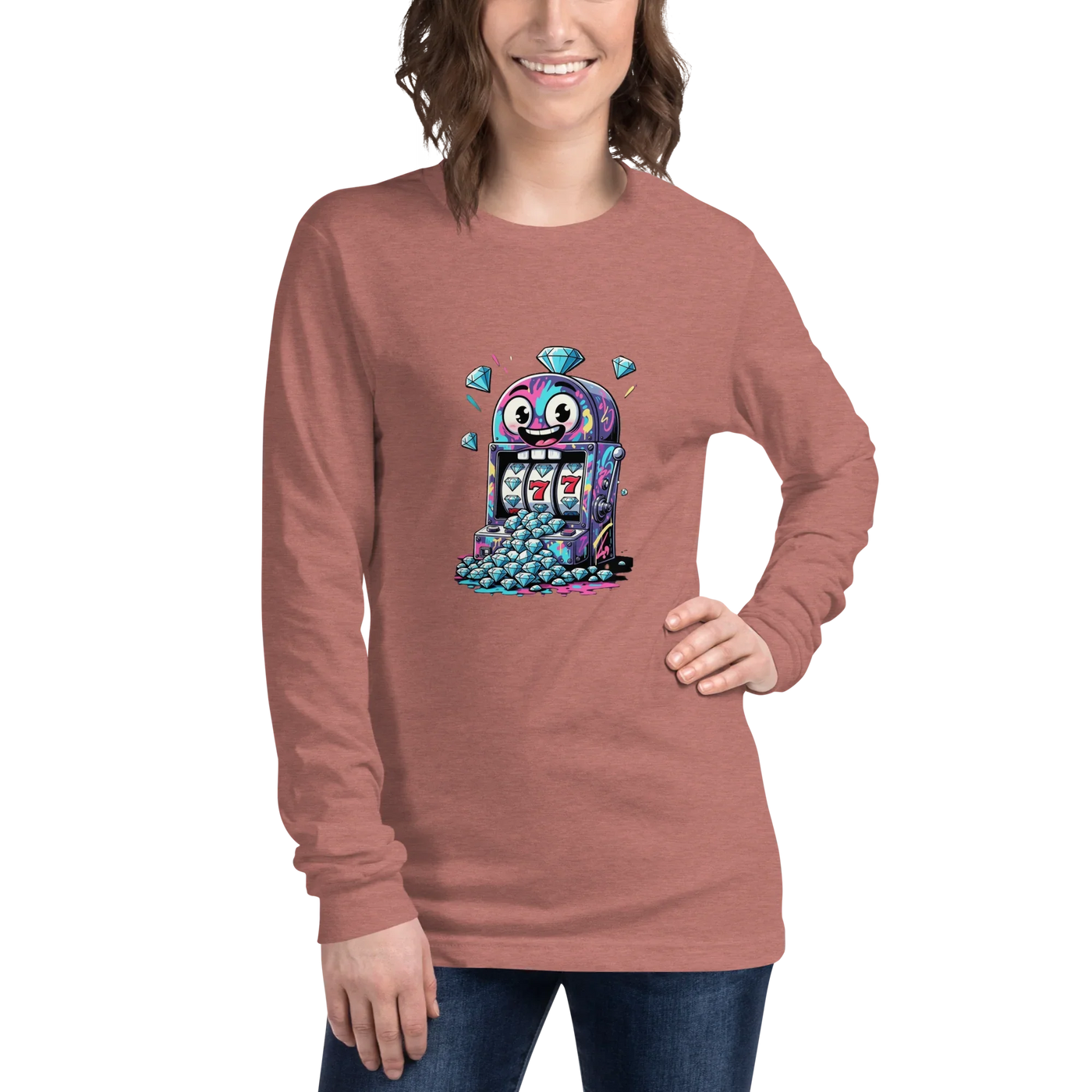 Woman wearing long sleeve shirt with quirky slot machine graphic, featuring lucky 7s and diamonds, perfect for casino fans.