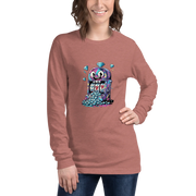 Woman wearing long sleeve shirt with quirky slot machine graphic, featuring lucky 7s and diamonds, perfect for casino fans.