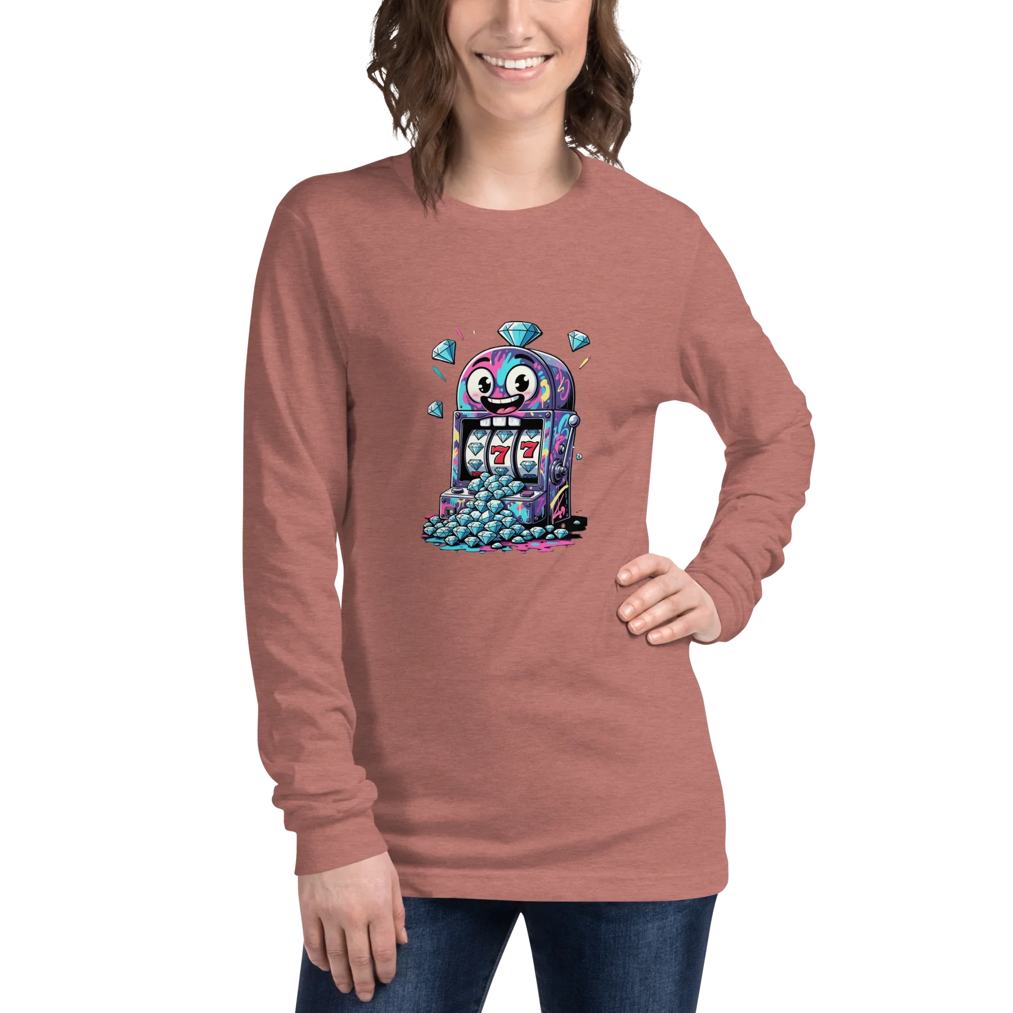 Woman wearing long sleeve shirt with quirky slot machine graphic, featuring lucky 7s and diamonds, perfect for casino fans.