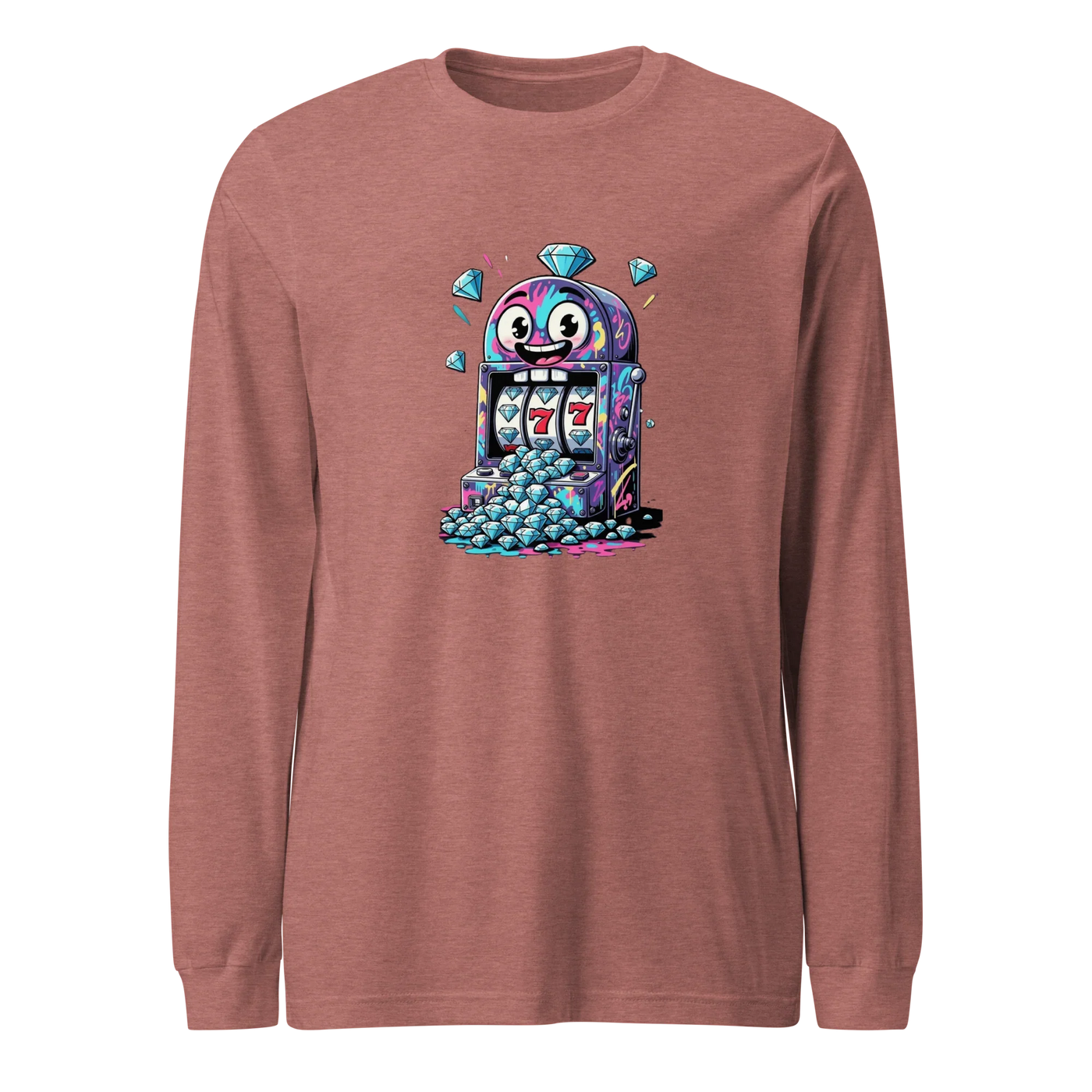 Fun slot machine graphic tee with lucky 7s and diamonds, perfect for casino lovers and gaming fans