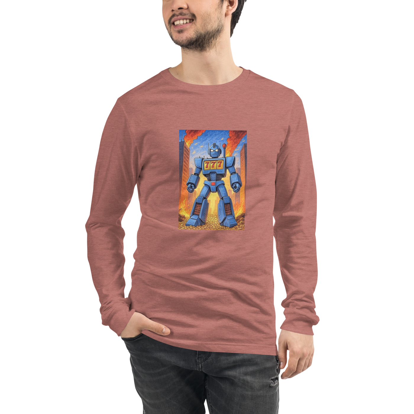 Man wearing slot-themed long sleeve shirt with blue robot and 777 design