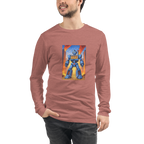Man wearing slot-themed long sleeve shirt with blue robot and 777 design