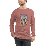Man wearing slot-themed long sleeve shirt with blue robot and 777 design