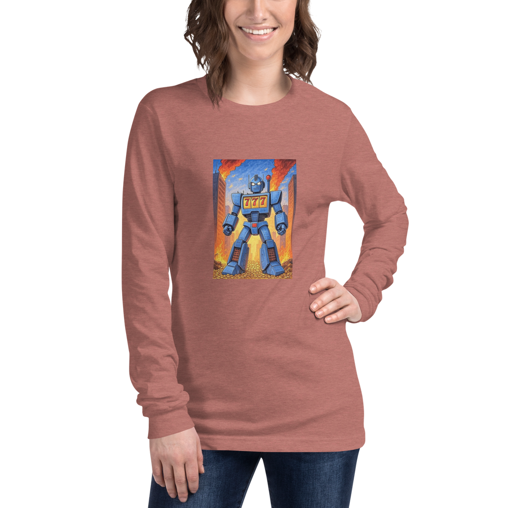 Woman wearing slot-themed long sleeve shirt with blue robot and 777 design