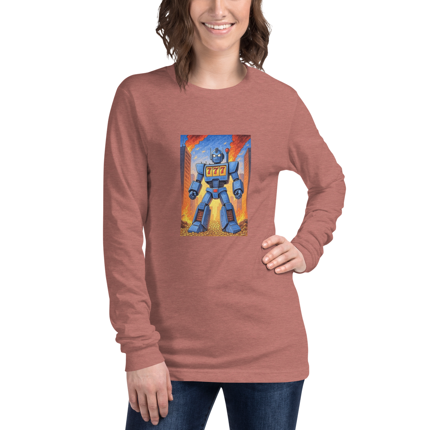Woman wearing slot-themed long sleeve shirt with blue robot and 777 design