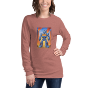 Woman wearing slot-themed long sleeve shirt with blue robot and 777 design