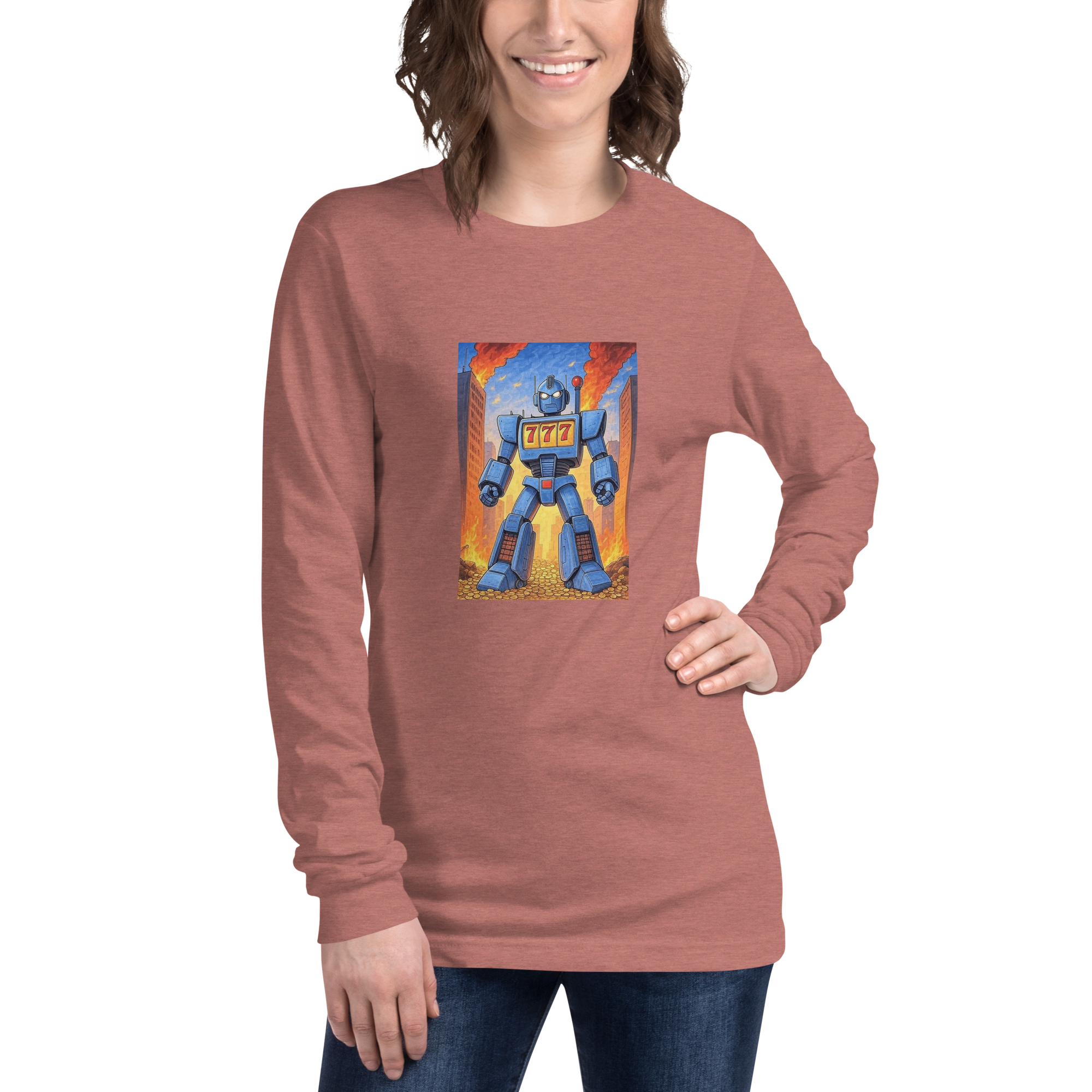 Woman wearing slot-themed long sleeve shirt with blue robot and 777 design