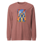 Blue robot with 777 slot machine chest, standing amidst fiery cityscape on maroon long-sleeve shirt