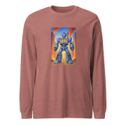 Blue robot with 777 slot machine chest, standing amidst fiery cityscape on maroon long-sleeve shirt
