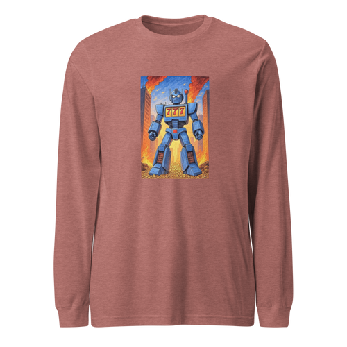 Blue robot with 777 slot machine chest, standing amidst fiery cityscape on maroon long-sleeve shirt