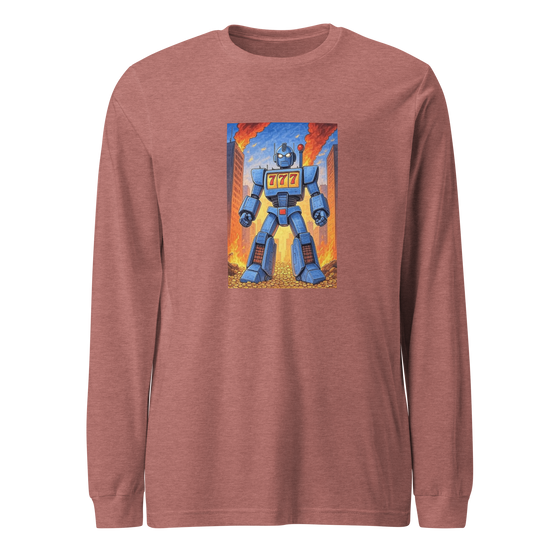 Blue robot with 777 slot machine chest, standing amidst fiery cityscape on maroon long-sleeve shirt