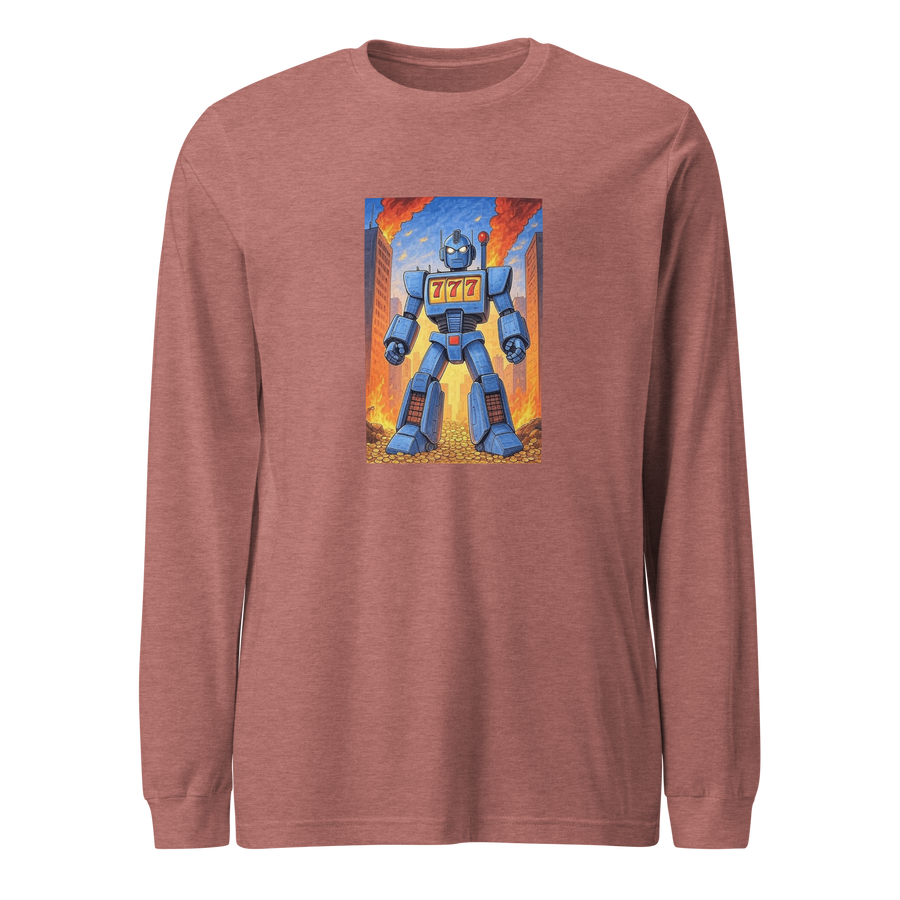 Blue robot with 777 slot machine chest, standing amidst fiery cityscape on maroon long-sleeve shirt