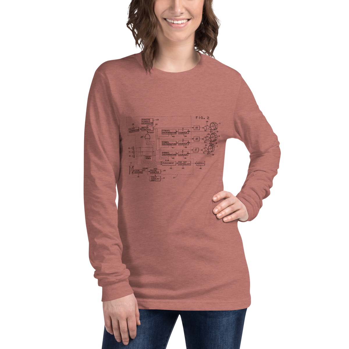 Woman wearing slot machine schematic long sleeve shirt, quirky gaming apparel for players