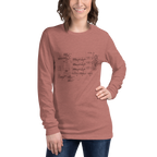 Woman wearing slot machine schematic long sleeve shirt, quirky gaming apparel for players