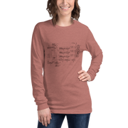 Woman wearing slot machine schematic long sleeve shirt, quirky gaming apparel for players