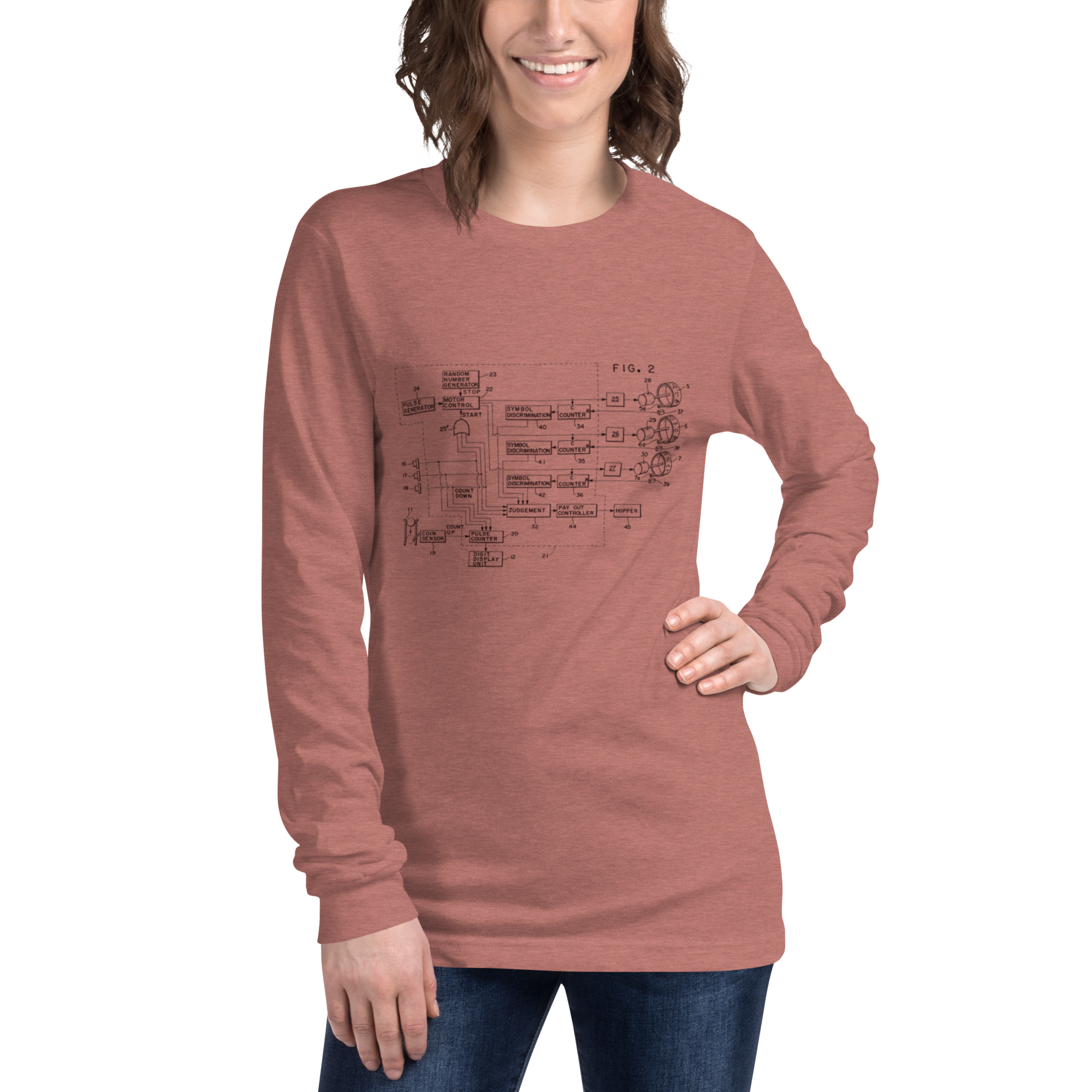Woman wearing slot machine schematic long sleeve shirt, quirky gaming apparel for players