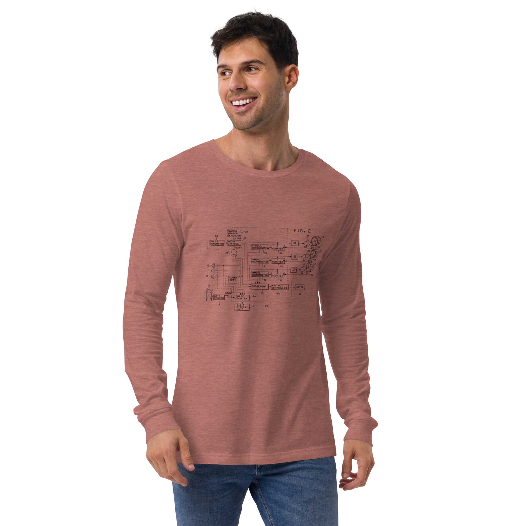 Man wearing slot-themed long sleeve shirt with circuit diagram design