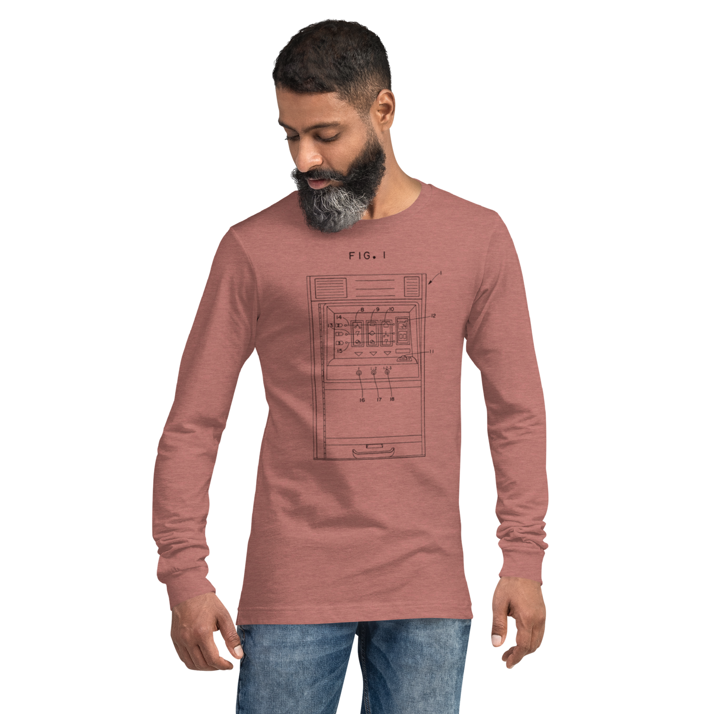 Man wearing pink long-sleeve shirt with slot machine diagram design, ideal for players and professionals.