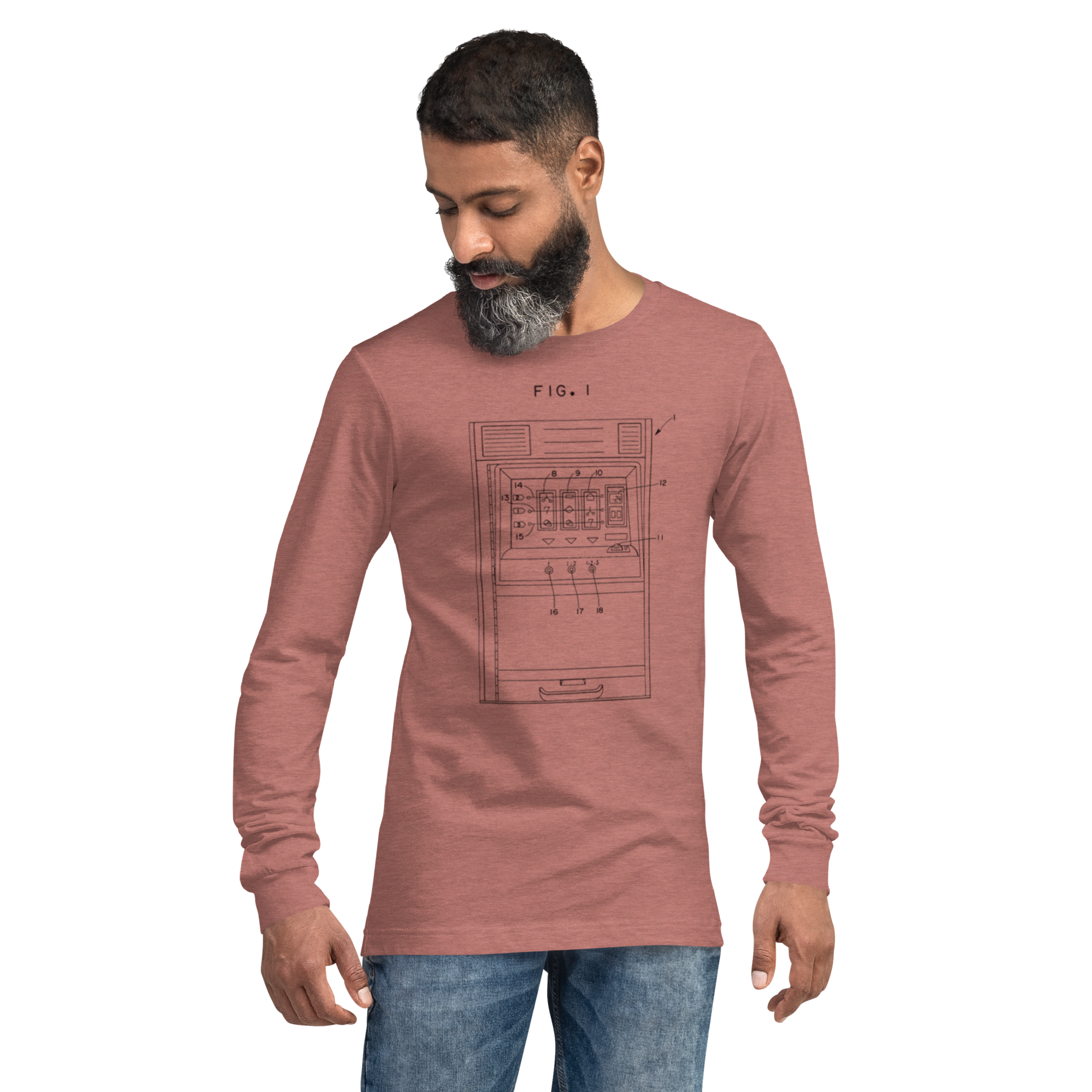 Man wearing pink long-sleeve shirt with slot machine diagram design, ideal for players and professionals.