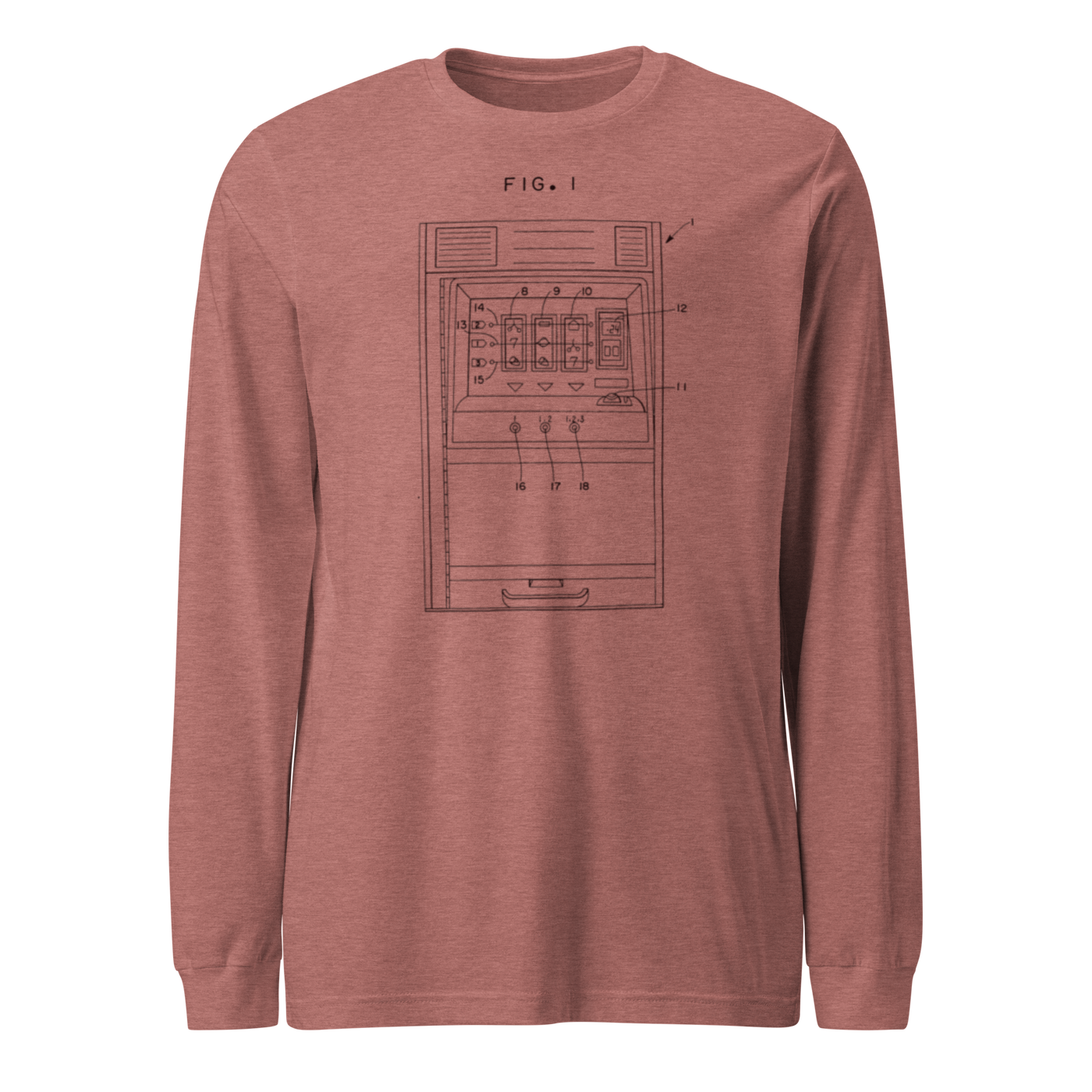 Rust long sleeve tee with vintage slot machine patent diagram, FIG. 1 design for casino enthusiasts