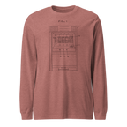 Rust long sleeve tee with vintage slot machine patent diagram, FIG. 1 design for casino enthusiasts