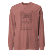 Rust long sleeve tee with vintage slot machine patent diagram, FIG. 1 design for casino enthusiasts