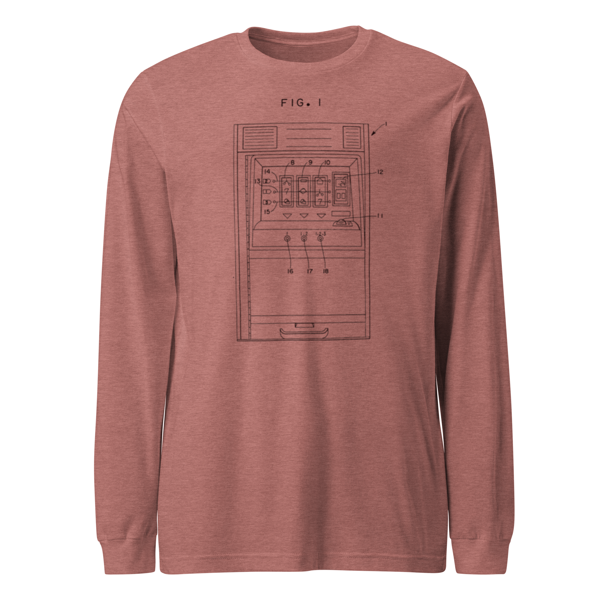 Rust long sleeve tee with vintage slot machine patent diagram, FIG. 1 design for casino enthusiasts
