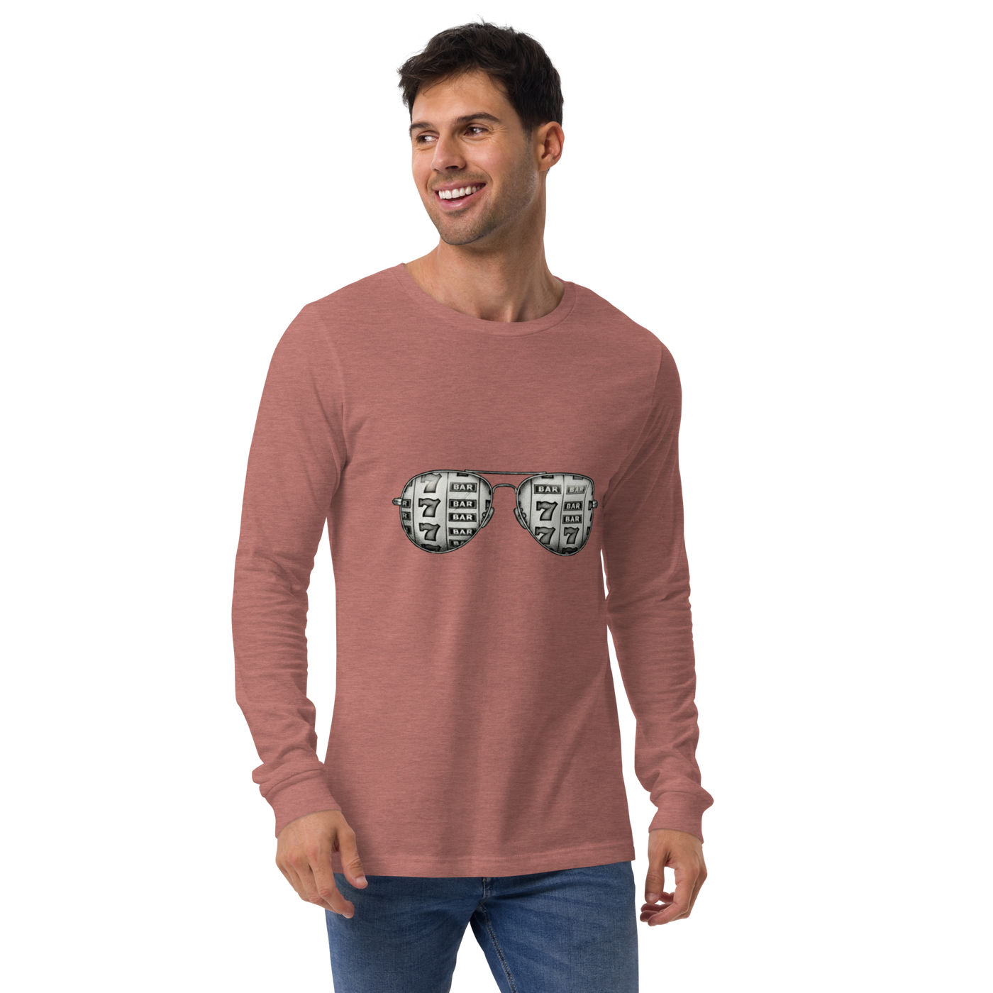 Man wearing slot-themed long sleeve shirt with 7s and BARs design