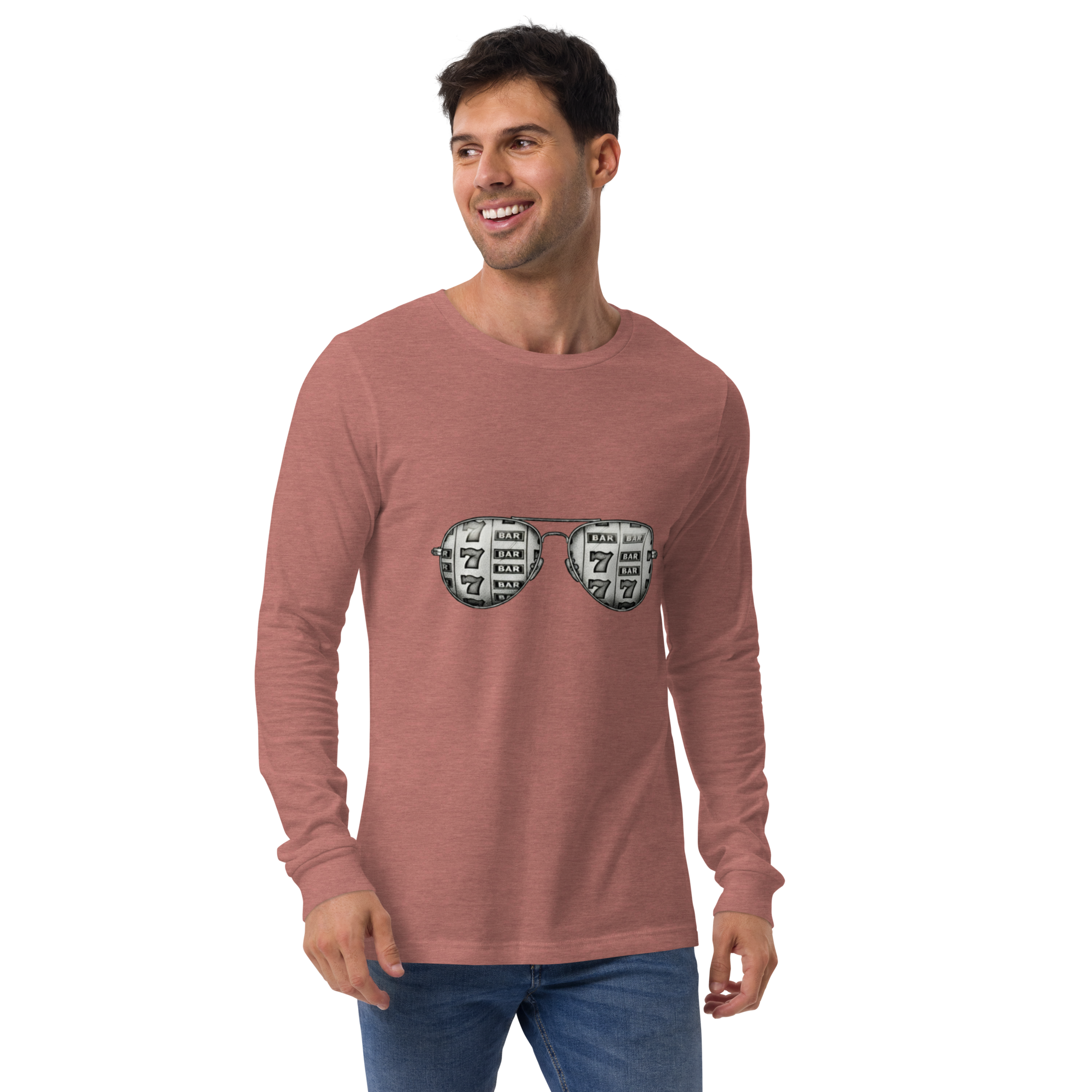 Man wearing slot-themed long sleeve shirt with 7s and BARs design