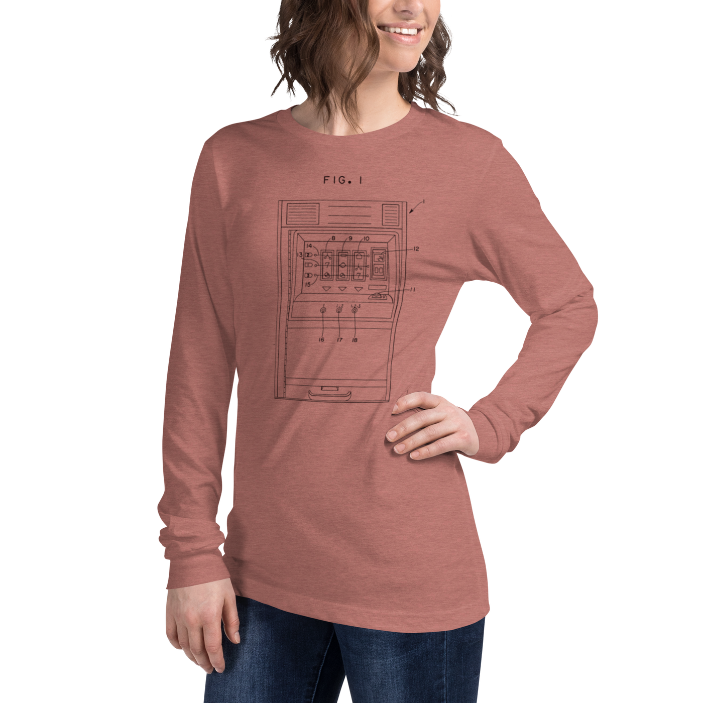 Woman wearing dusty rose long-sleeve tee with vintage slot machine patent diagram, FIG. 1, for casino lovers