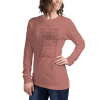 Woman wearing dusty rose long-sleeve tee with vintage slot machine patent diagram, FIG. 1, for casino lovers