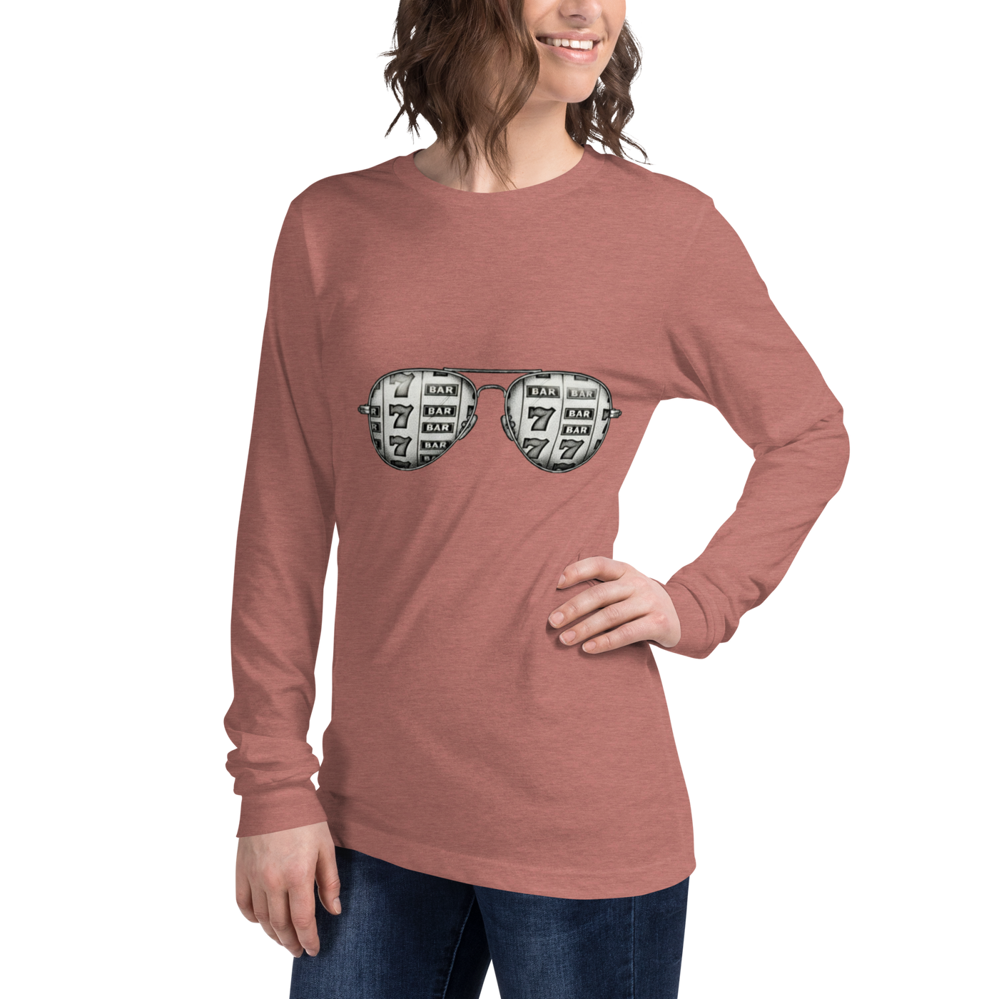 Slot-themed long sleeve shirt with 7s and BARs design on sunglasses graphic