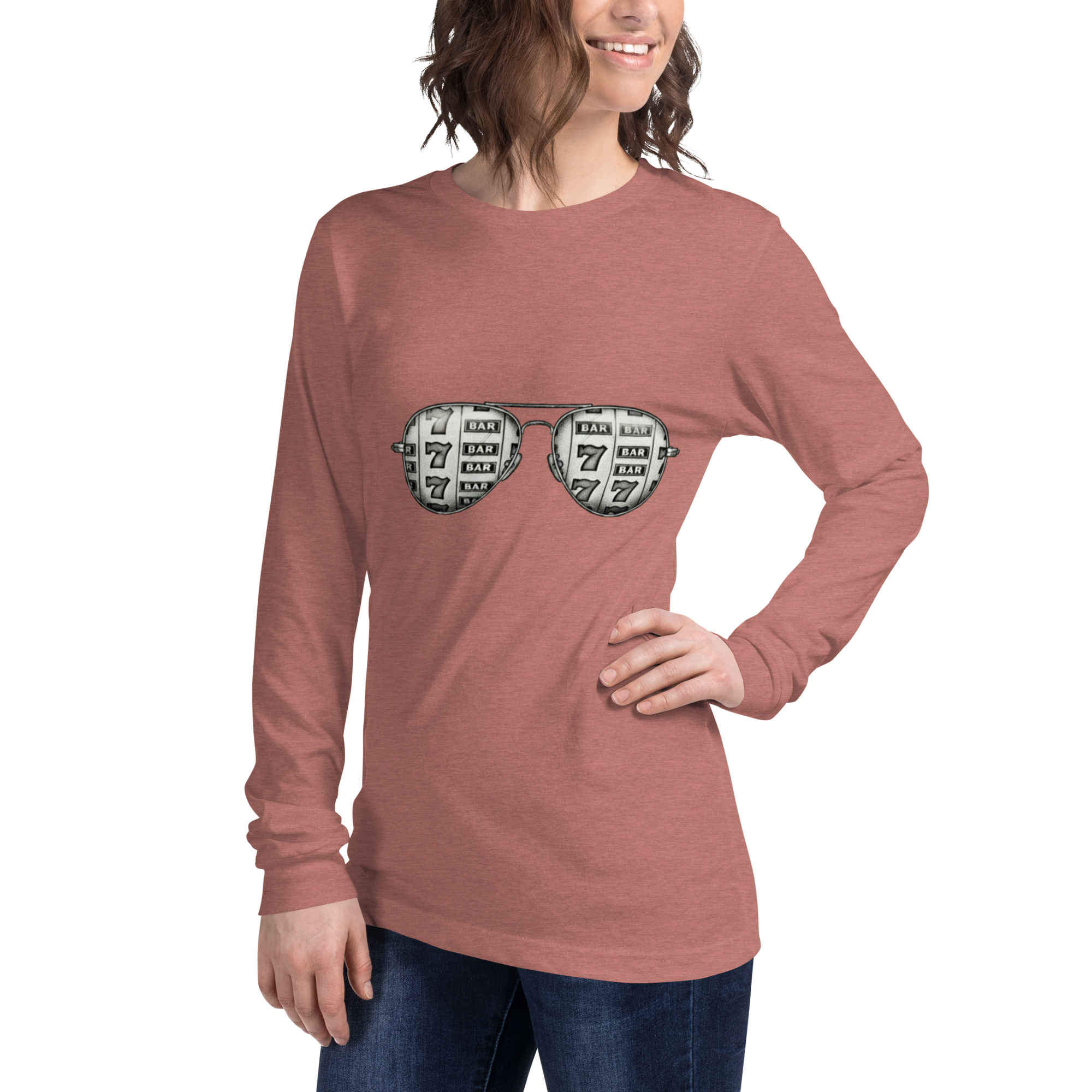 Slot-themed long sleeve shirt with 7s and BARs design on sunglasses graphic