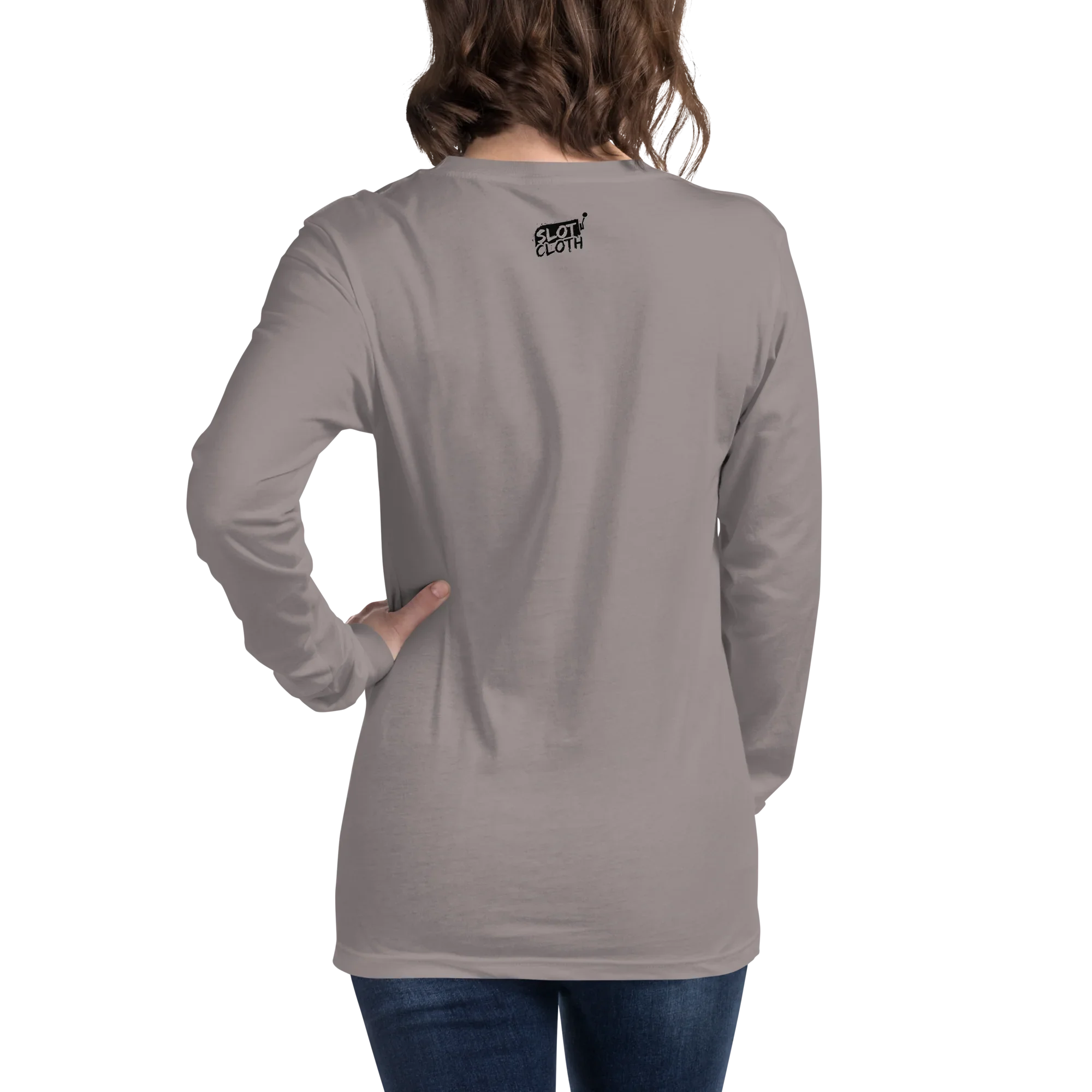 Gray long sleeve t-shirt with small Slot Cloth logo on back, worn by woman with hand on hip