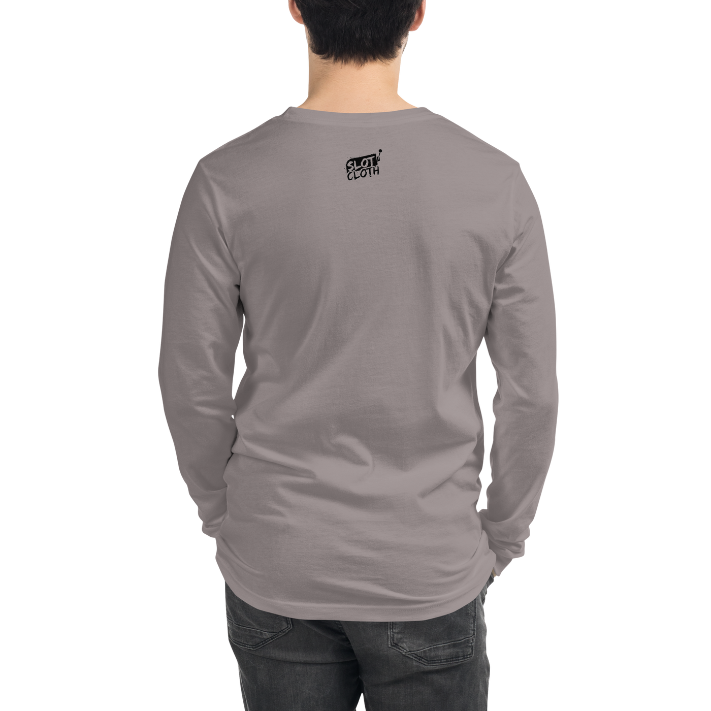 Gray long sleeve shirt with Slot Cloth logo on back, casual slot-themed apparel for players