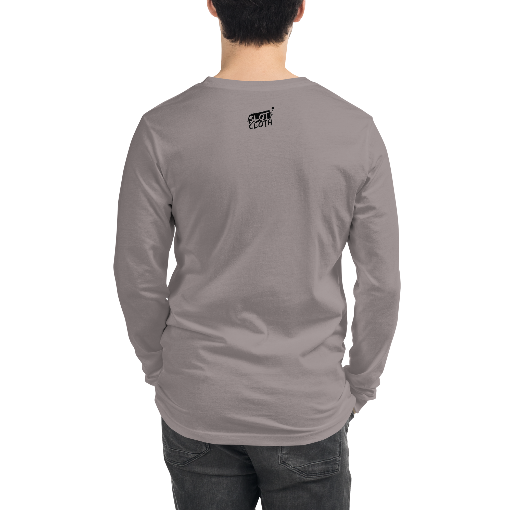 Gray long sleeve shirt with Slot Cloth logo on back, casual slot-themed apparel for players